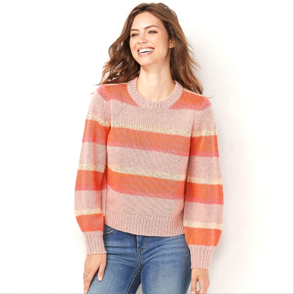 LC Lauren Conrad Women's XL Pink & Coral Striped Sequin Embellished Knit Sweater